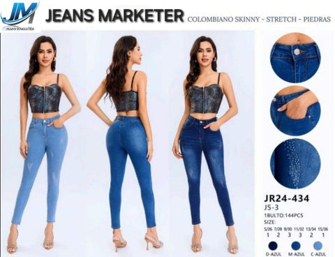 PANTALON JEANS MARKETER JR24-434 PANTALON COLOMBIANO SKINNY STRETCH PIEDRAS DAMA