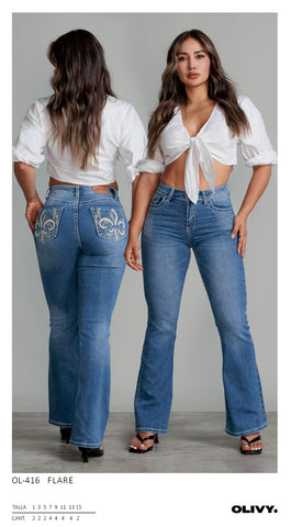 PANTALON OLIVY OL-416 PANTALON FLARE CAMPANA BORDADO DAMA